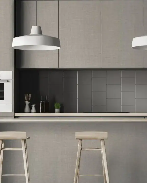 Kitchen casework with grey cabinet fronts