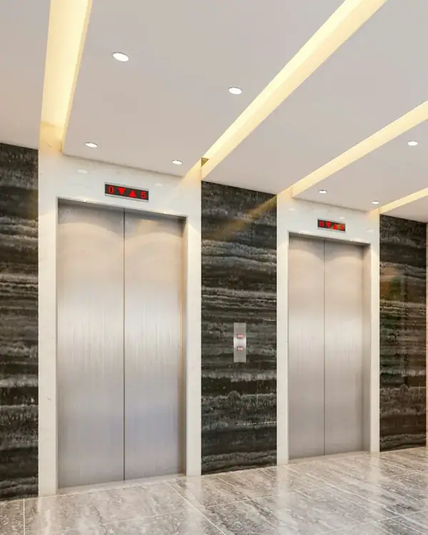Elevator lobby with stone-look wall panels