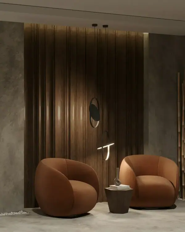 Lounge with a fluted walnut feature wall